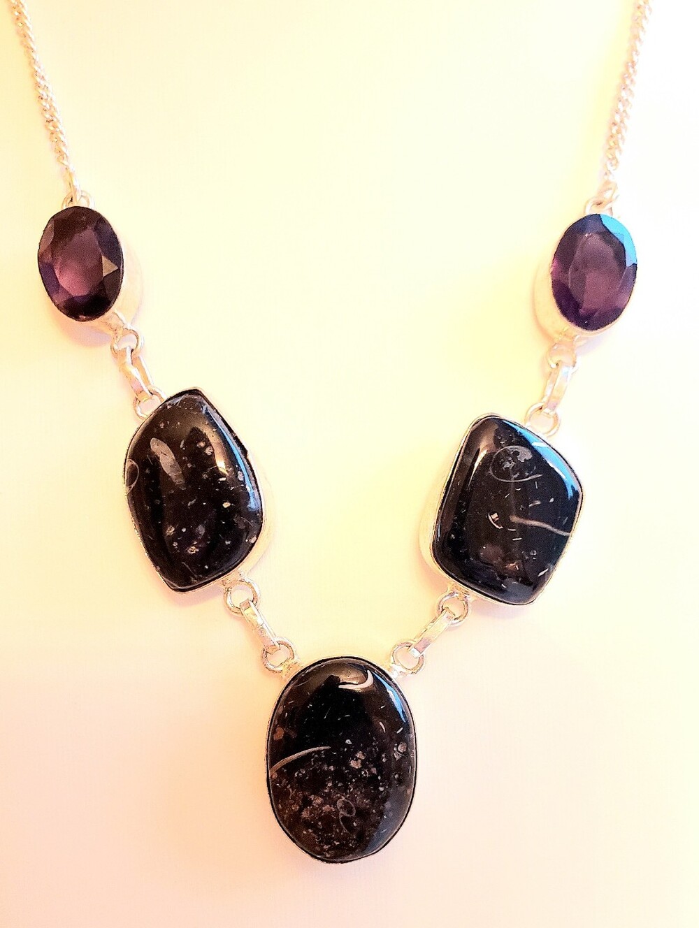 NEW Amethyst Faceted, Polished Black Jasper--925 Stamped Silver Overlay Necklace